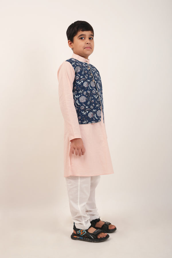 Peach Jaipuri Print Pure Cotton Kurta with Half Jacket & Trouser Set for Boys
