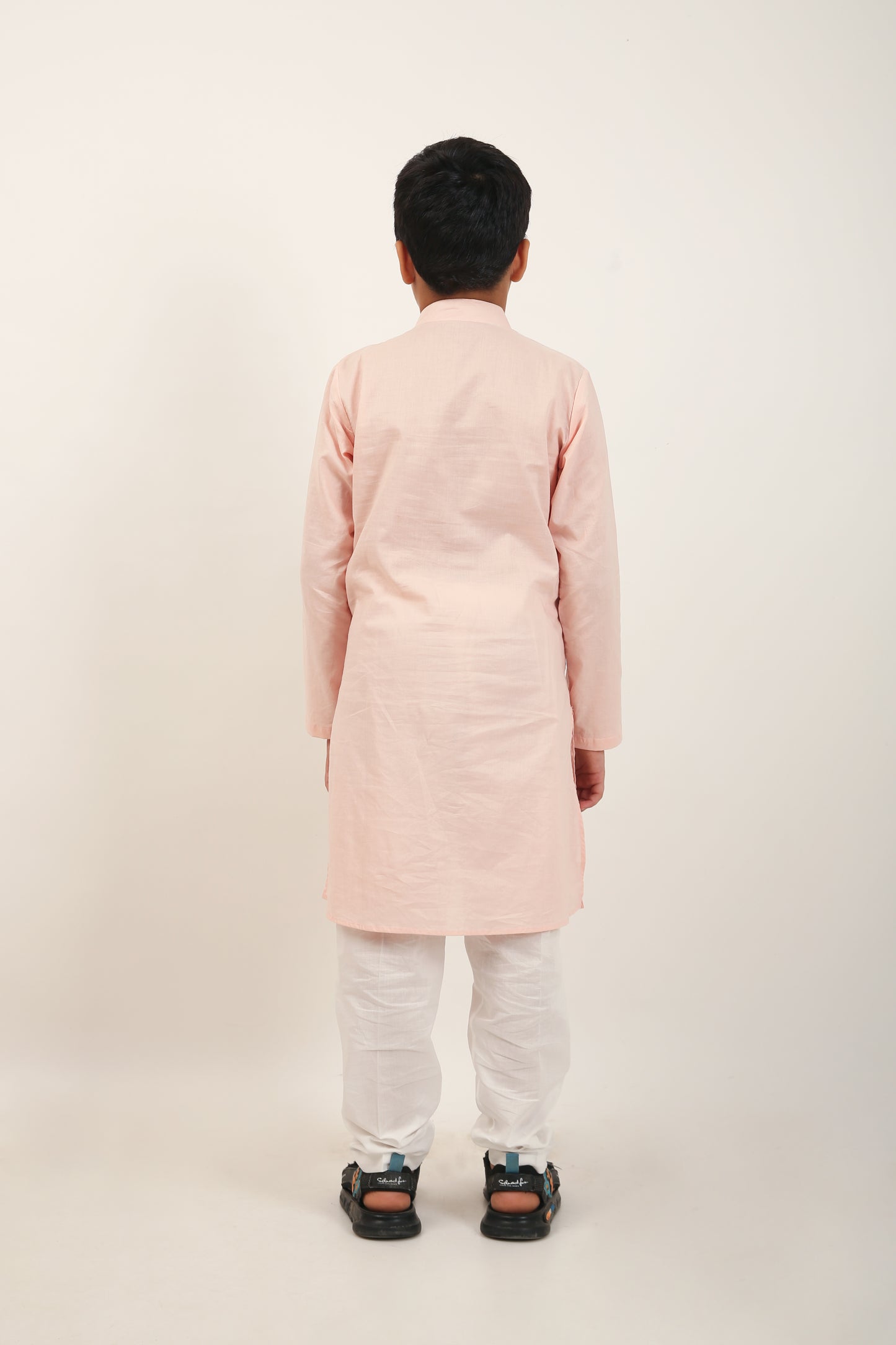 Peach Jaipuri Print Pure Cotton Kurta with Half Jacket & Trouser - Boys