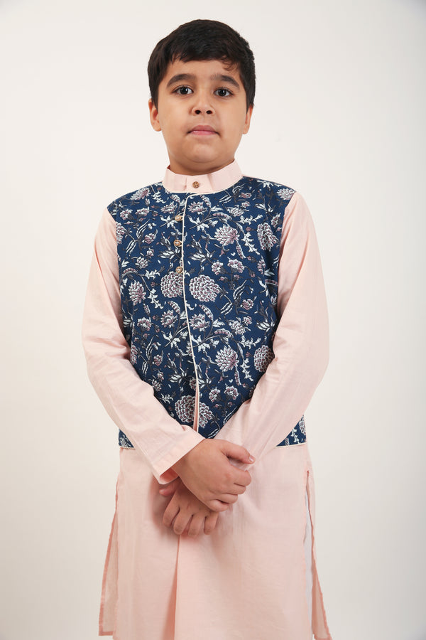 Peach Jaipuri Print Pure Cotton Kurta with Half Jacket & Trouser Set for Boys