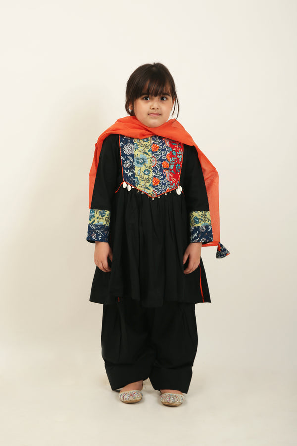 Black Jaipuri Kurta with Farshi Shalwar Set for Girls