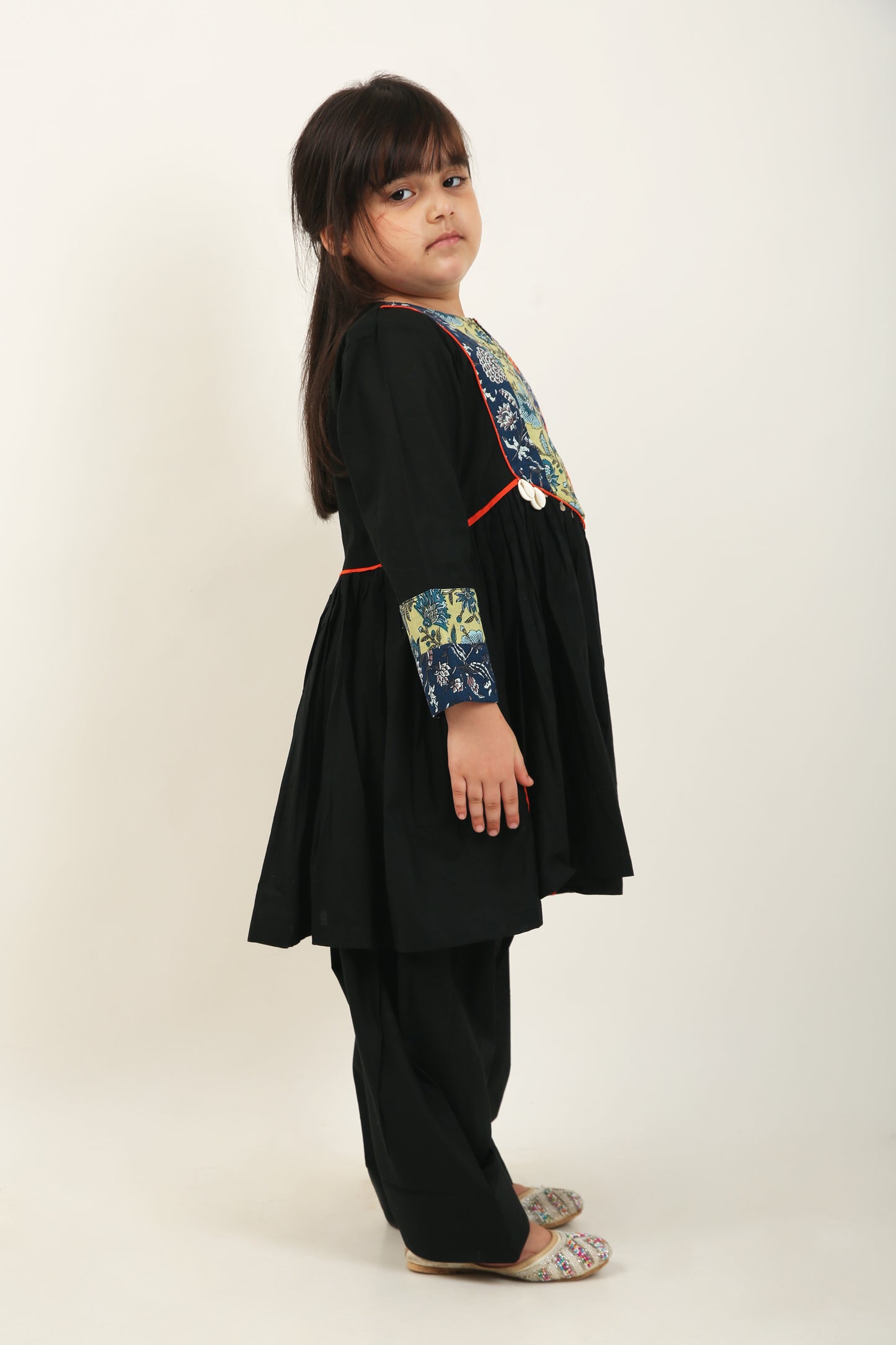 Black Jaipuri Kurta with Farshi Shalwar - Girls