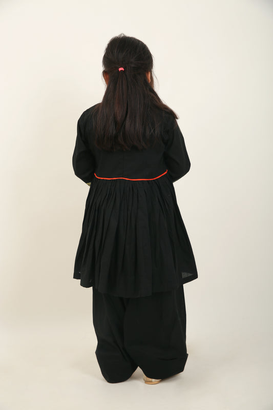 Black Jaipuri Kurta with Farshi Shalwar Set for Girls