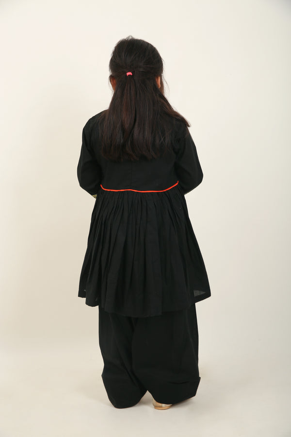 Black Jaipuri Kurta with Farshi Shalwar Set for Girls