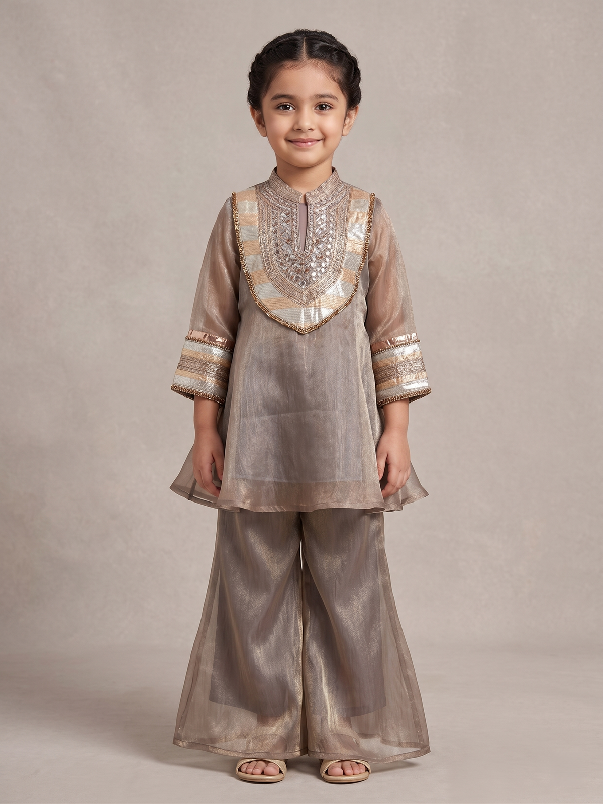 Copper Shimmer Farshi Shalwar Suit with Golden Gota