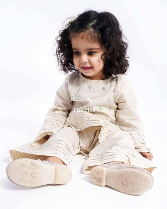Off White Mirrored Cotton Kurta & Palazzo Set for Girls