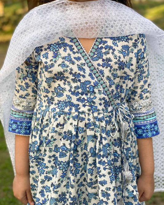 Aimejaan Blue Angrakha Gharara Set with Organza Dupatta for Girls
