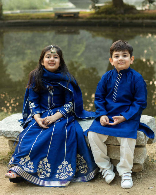Madhuri Blue Cotton Silk Kurta with Cotton Pajama Set for Boys