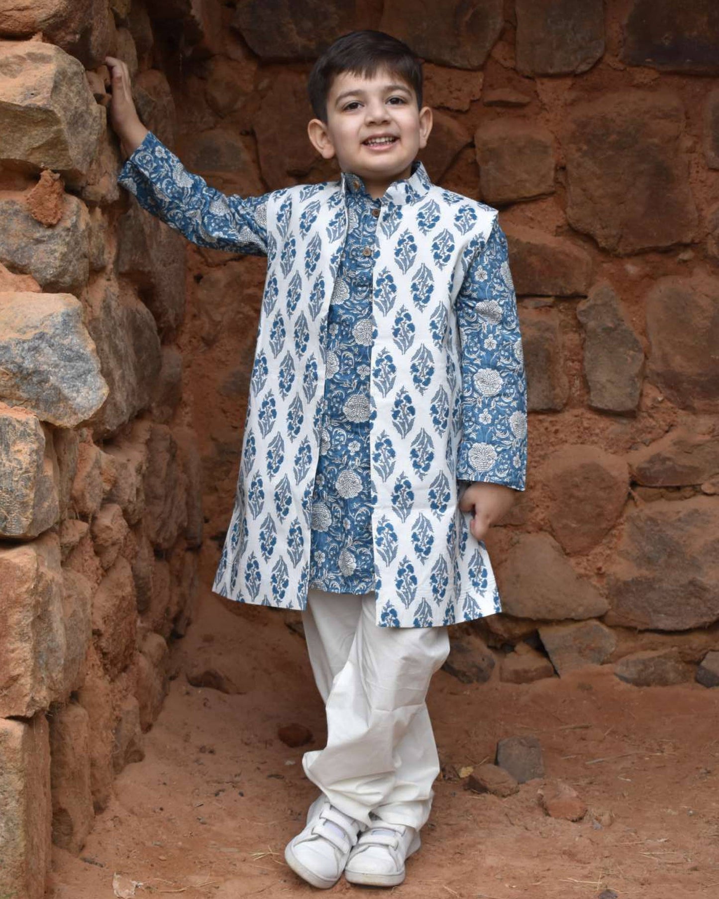 Jaipuri Print Cotton Kurta with long jacket - Boys