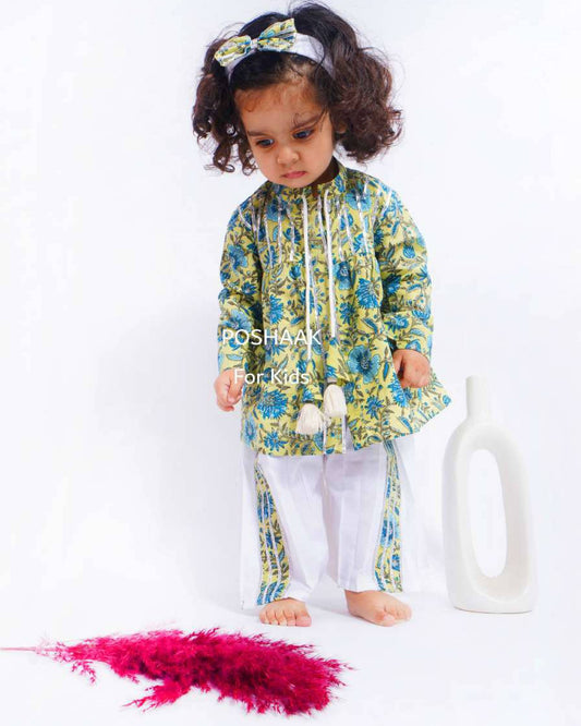 Jaipuri Print Cotton Co-Ord Set with Bow for Girls