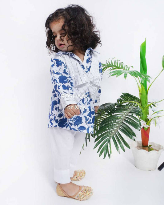 Indigo Print Cotton Co-Ord Set with Bow for Girls