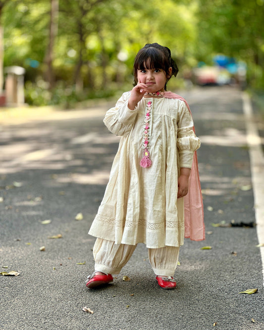 Cotton Anarkali Suit with Balloon Pajama & Pure Chiffon Dupatta for Girls