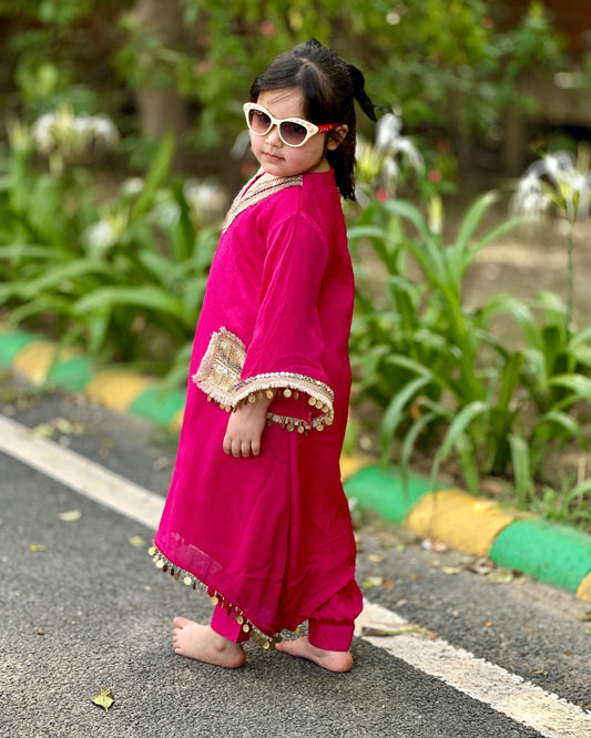 Magenta Pink Chiffon Lace Co-Ord Set with Lining for Girls