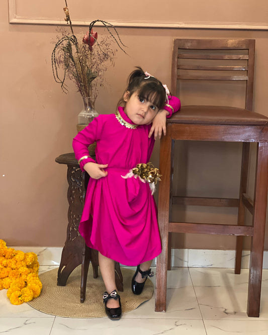 Magenta Crepe One Piece Party Wear Dress for Girls