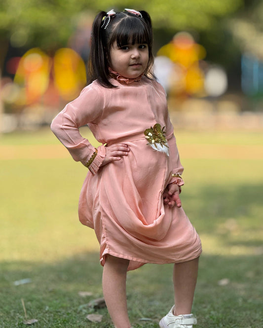 Crepe Peach One Piece Party Wear Dress for Girls
