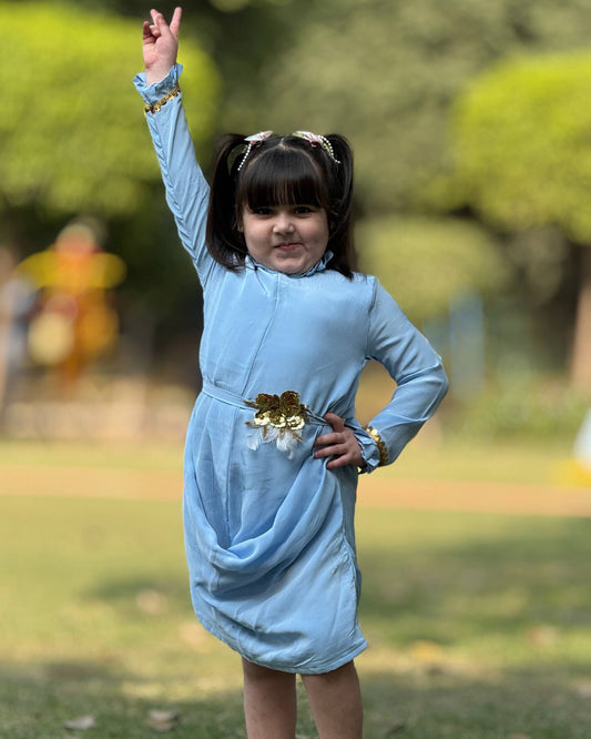 Crepe Blue One Piece Party Wear Dress for Girls