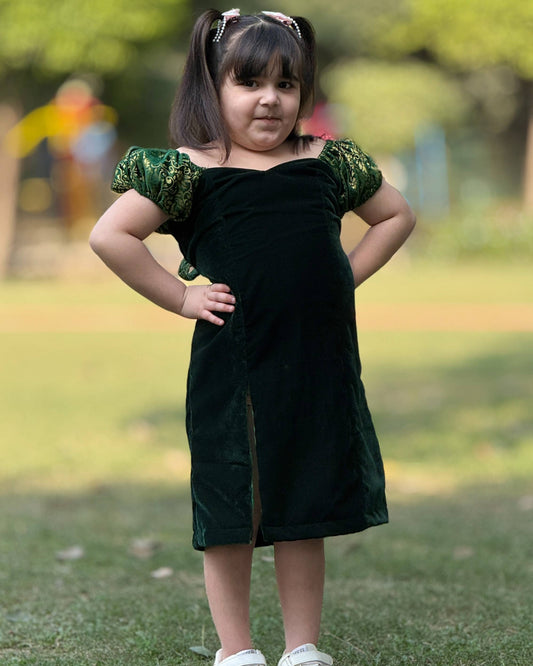 Green Off/On Shoulder Velvet Slit Dress for Girls