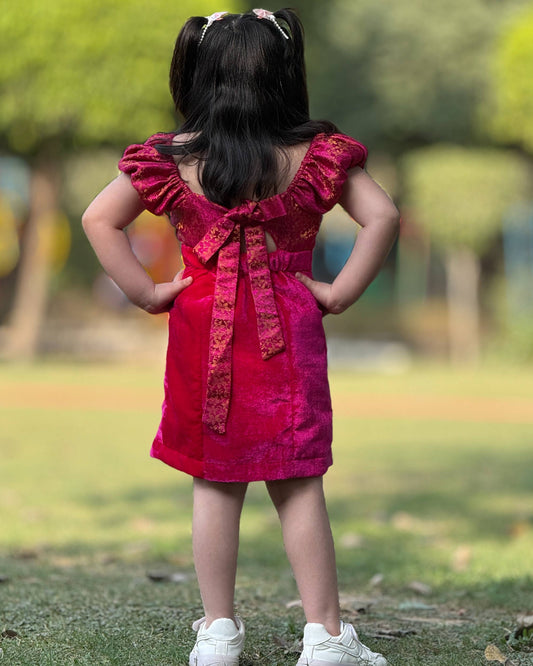 Red Off/On Shoulder Velvet Slit Dress for Girls