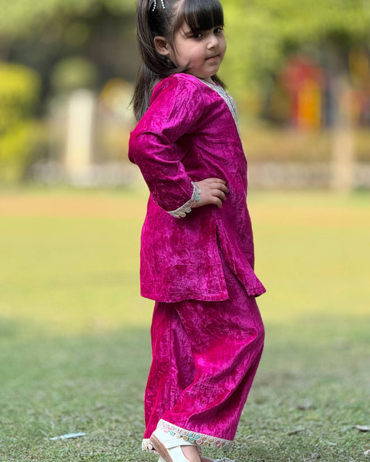 Magenta Velvet Embroidery Kurta & Salwar Set for Girls