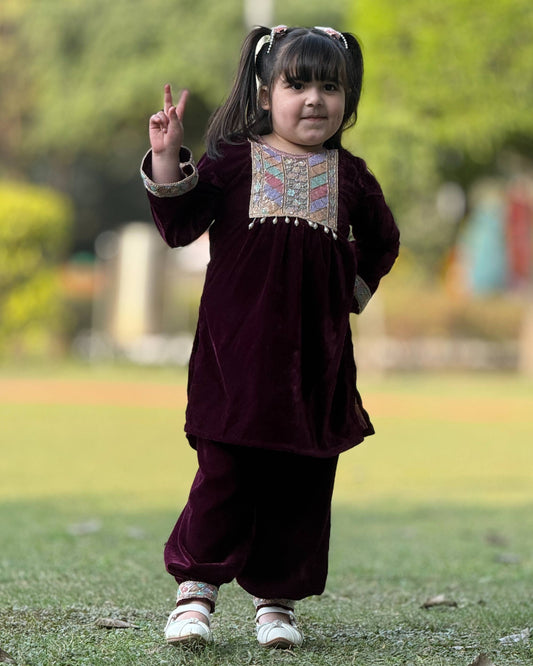 Burgundy Velvet Embroidery Kurta & Salwar Set for Girls