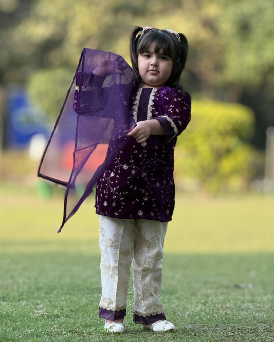 Violet Golden Salwar Kameez with Dupatta for Girls