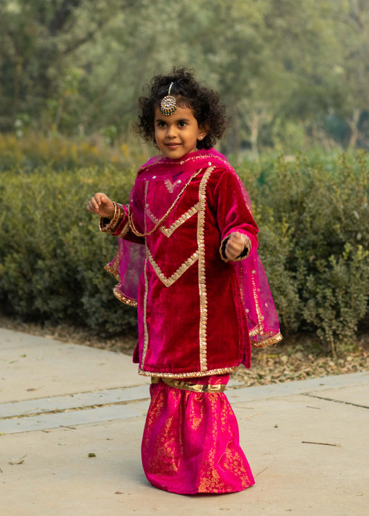 Rani Pink Velvet Banarasi Gharara Set for Girls